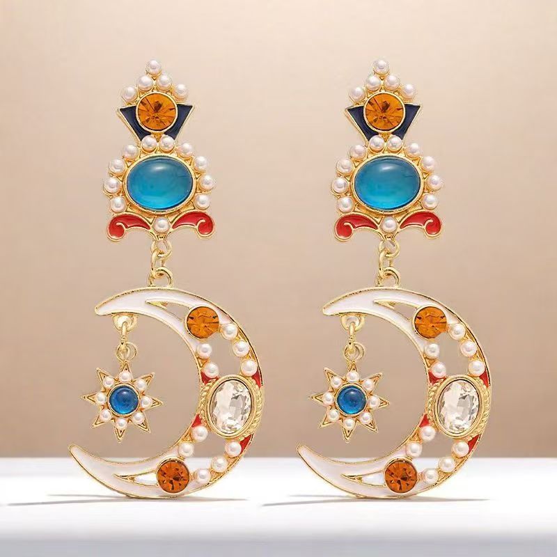 Vintage Moon & Flower Stud Earrings, High-End Ethnic Enamel Pearl Tibetan Style Unique Women's Ear Jewelry