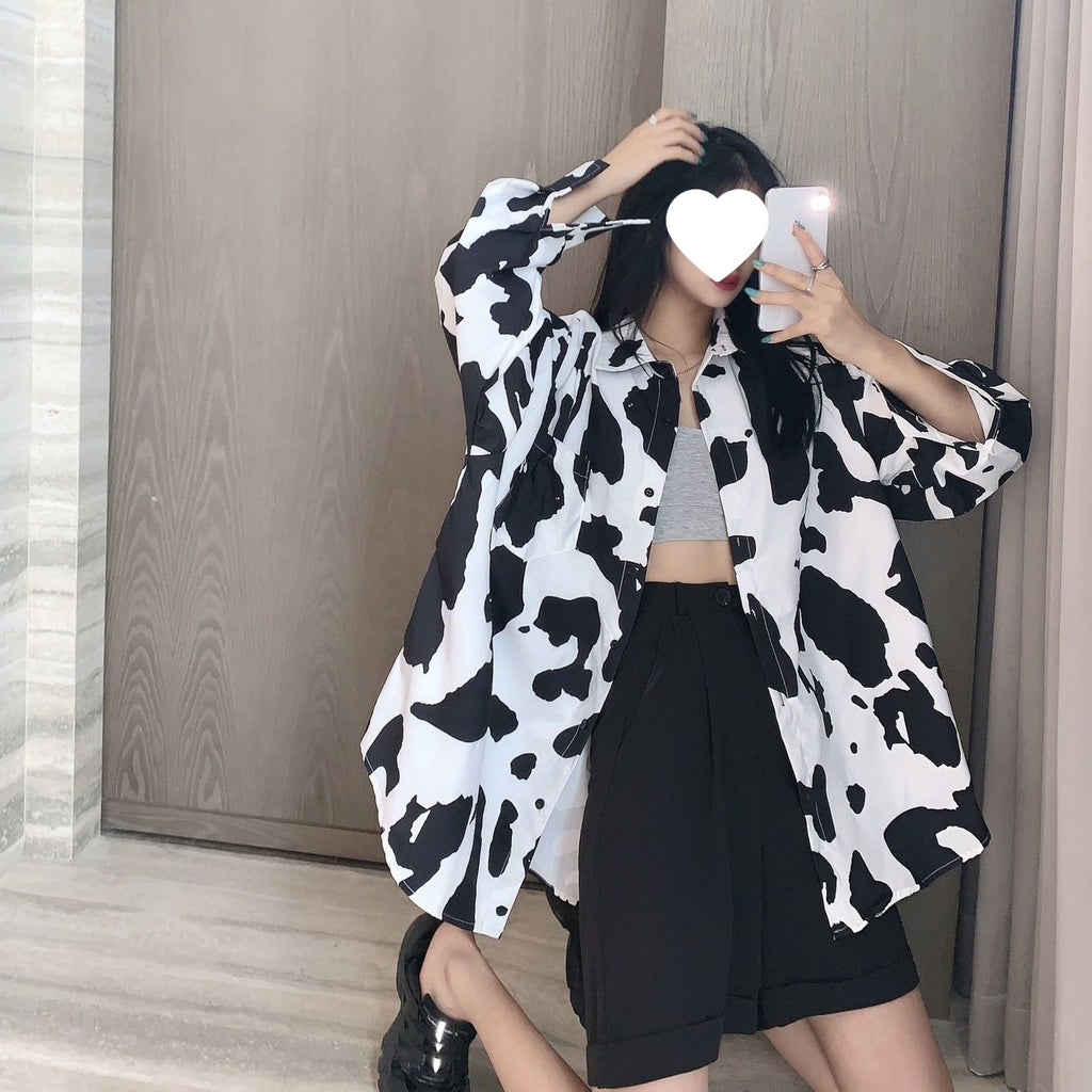 Black And White Printed Blouse Womens Mid-length Fall Top