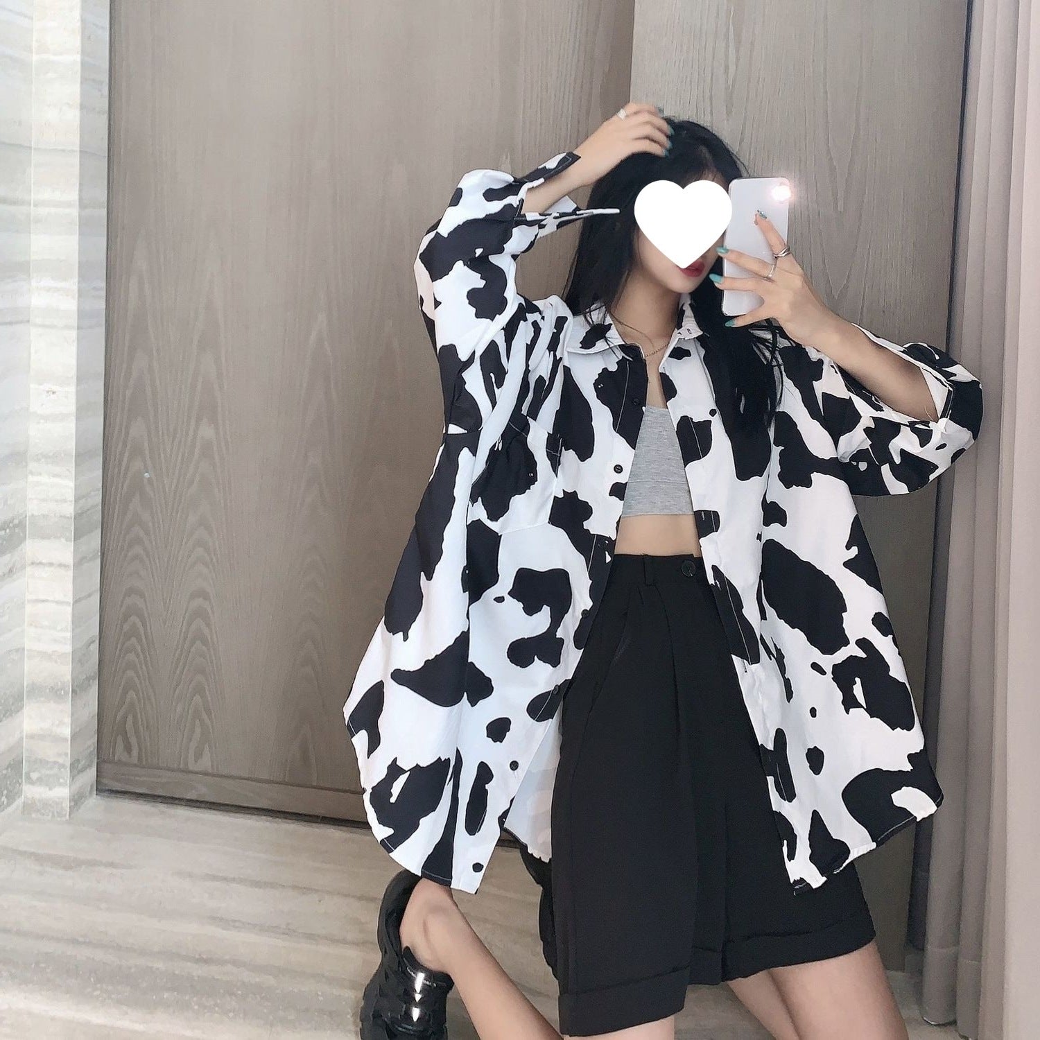Black And White Printed Blouse Womens Mid-length Fall Top