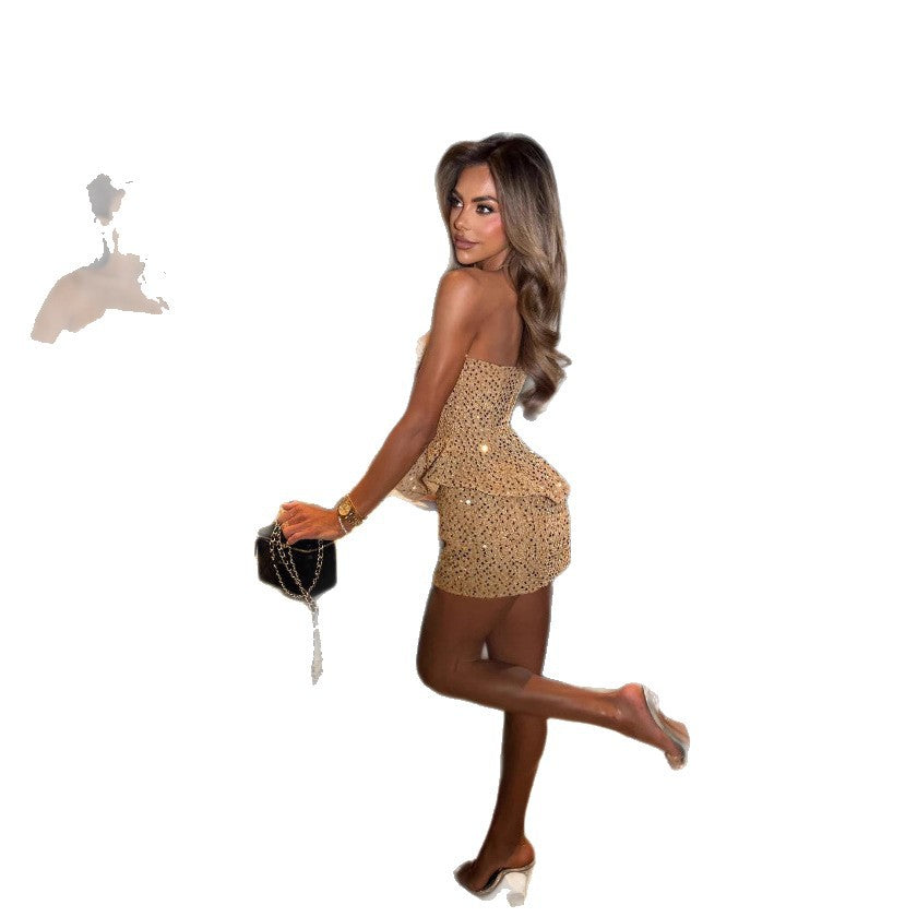 Tube-top Set Sequined Design Slimming Tube Top And Short Skirt