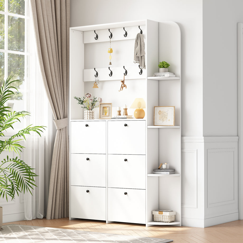 120 X 24 X 200 Cm, Coat Rack For The Entrance Area, 3-in-1 Multifunctional Shoe Cabinet, Hinged Door, 8 Hooks, Compact Coat Rack, Living Room Cabinet With 5 Shelves, White