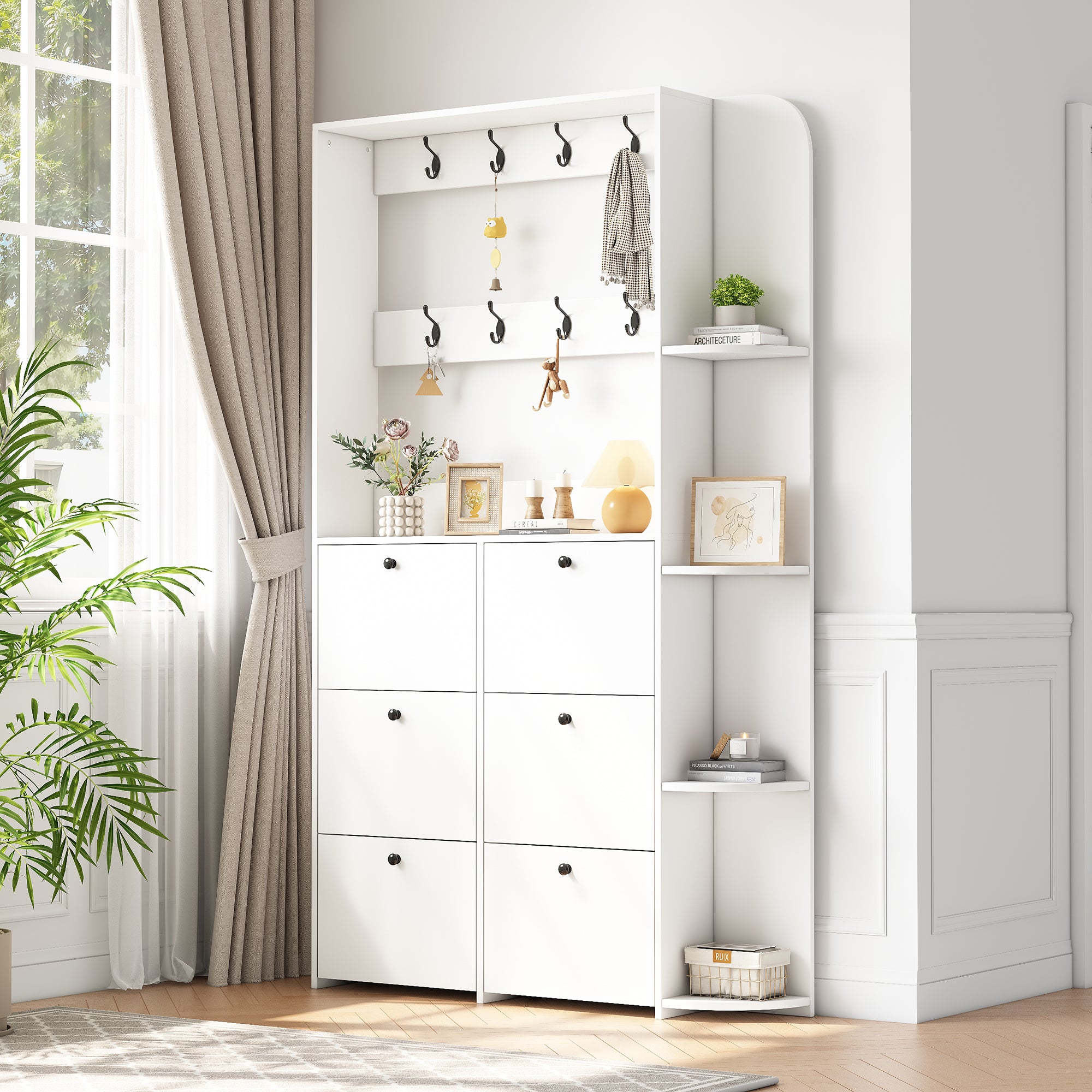 120 X 24 X 200 Cm, Coat Rack For The Entrance Area, 3-in-1 Multifunctional Shoe Cabinet, Hinged Door, 8 Hooks, Compact Coat Rack, Living Room Cabinet With 5 Shelves, White