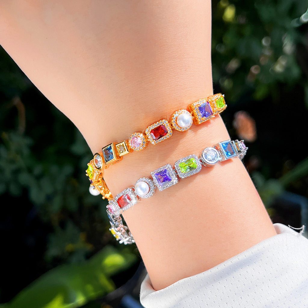 Shell Pearl Diamond Set Colored Zircon Bracelet