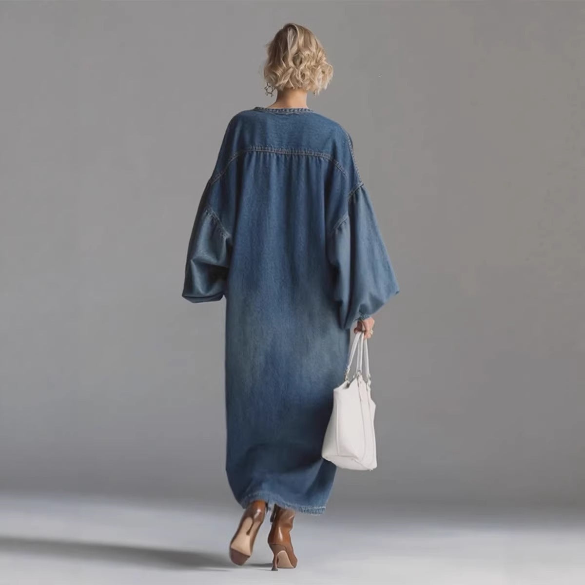 Retro Plus-Size Stand-Neck Mid-Length Denim Skirt For Women