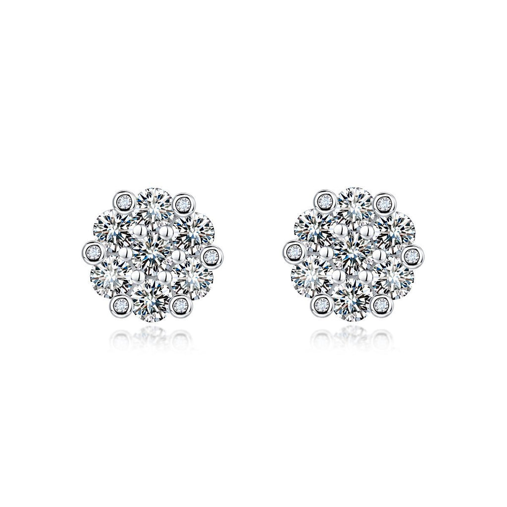 S925 Sterling Silver Floral Cluster Stud Earrings, 3mm D-VVS1 Moissanite Pave, Platinum Plated 2.5g Women's Jewelry Gift Box Set