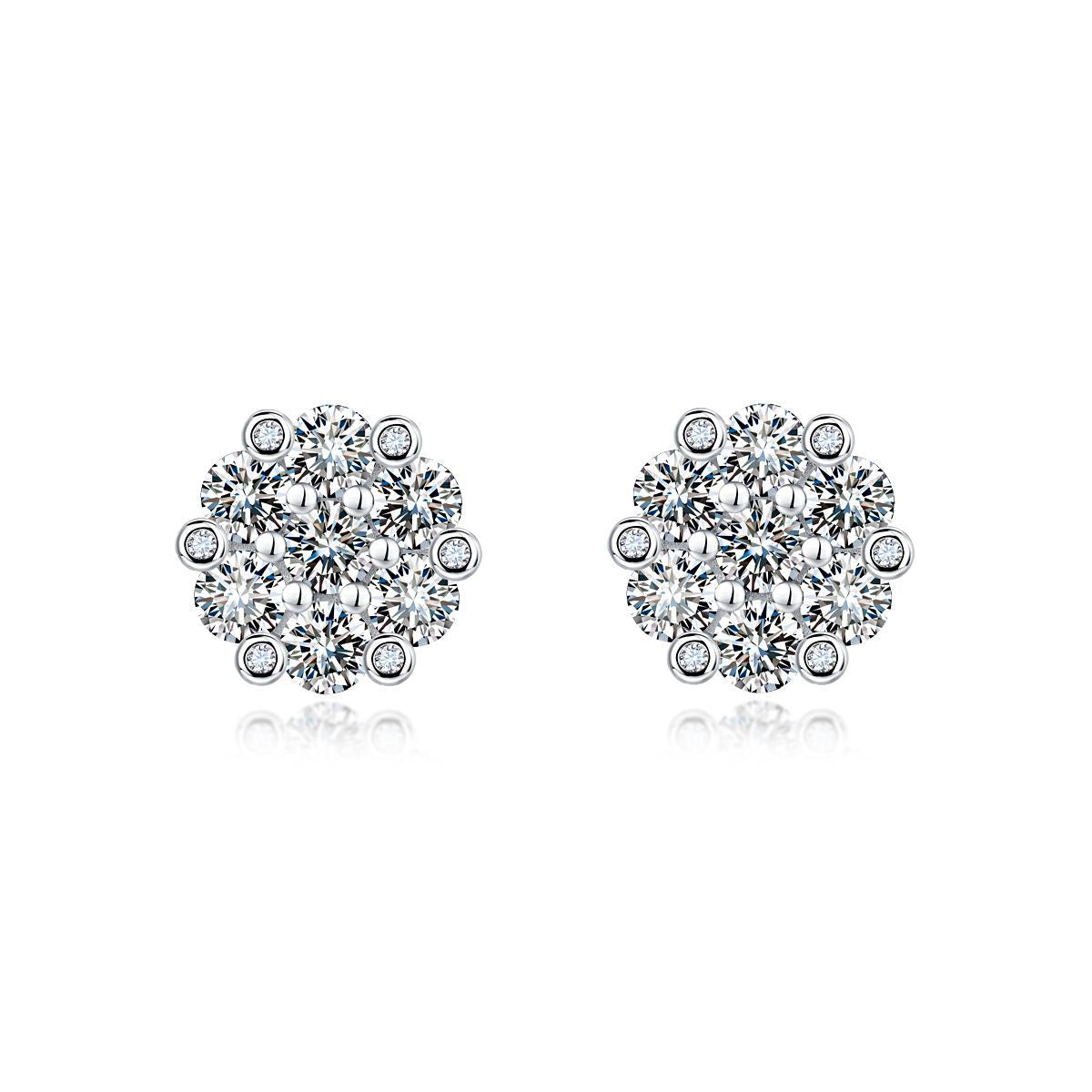 S925 Sterling Silver Floral Cluster Stud Earrings, 3mm D-VVS1 Moissanite Pave, Platinum Plated 2.5g Women's Jewelry Gift Box Set