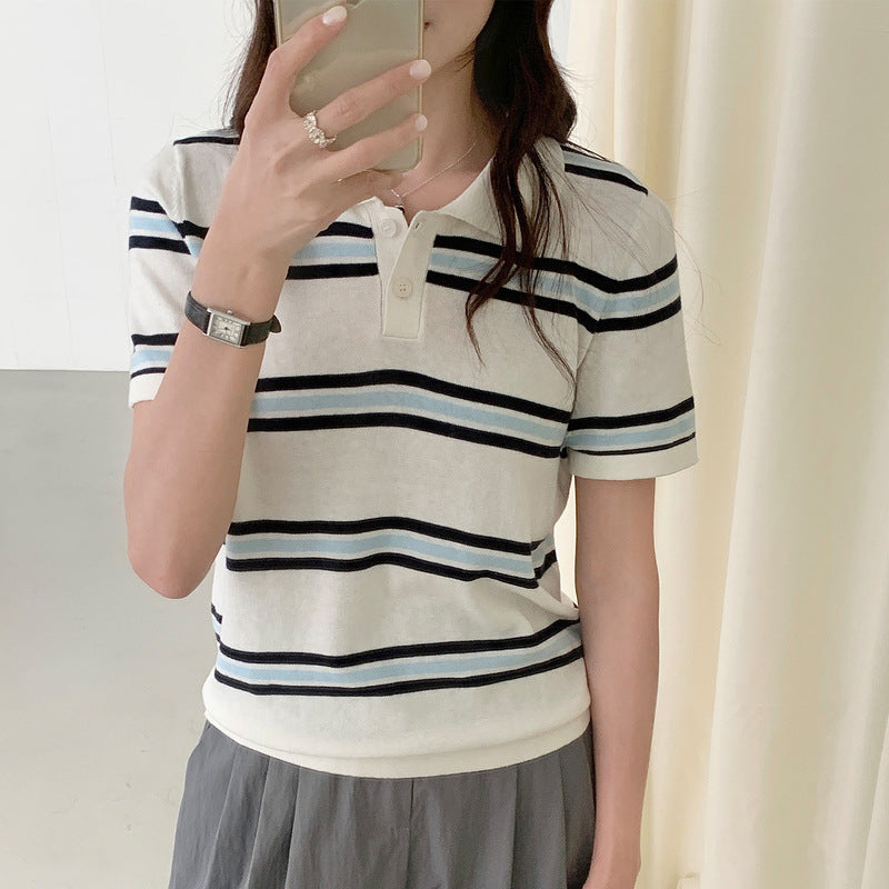 SpringSummer American-Style Retro Color-Block Striped Polo Shirt