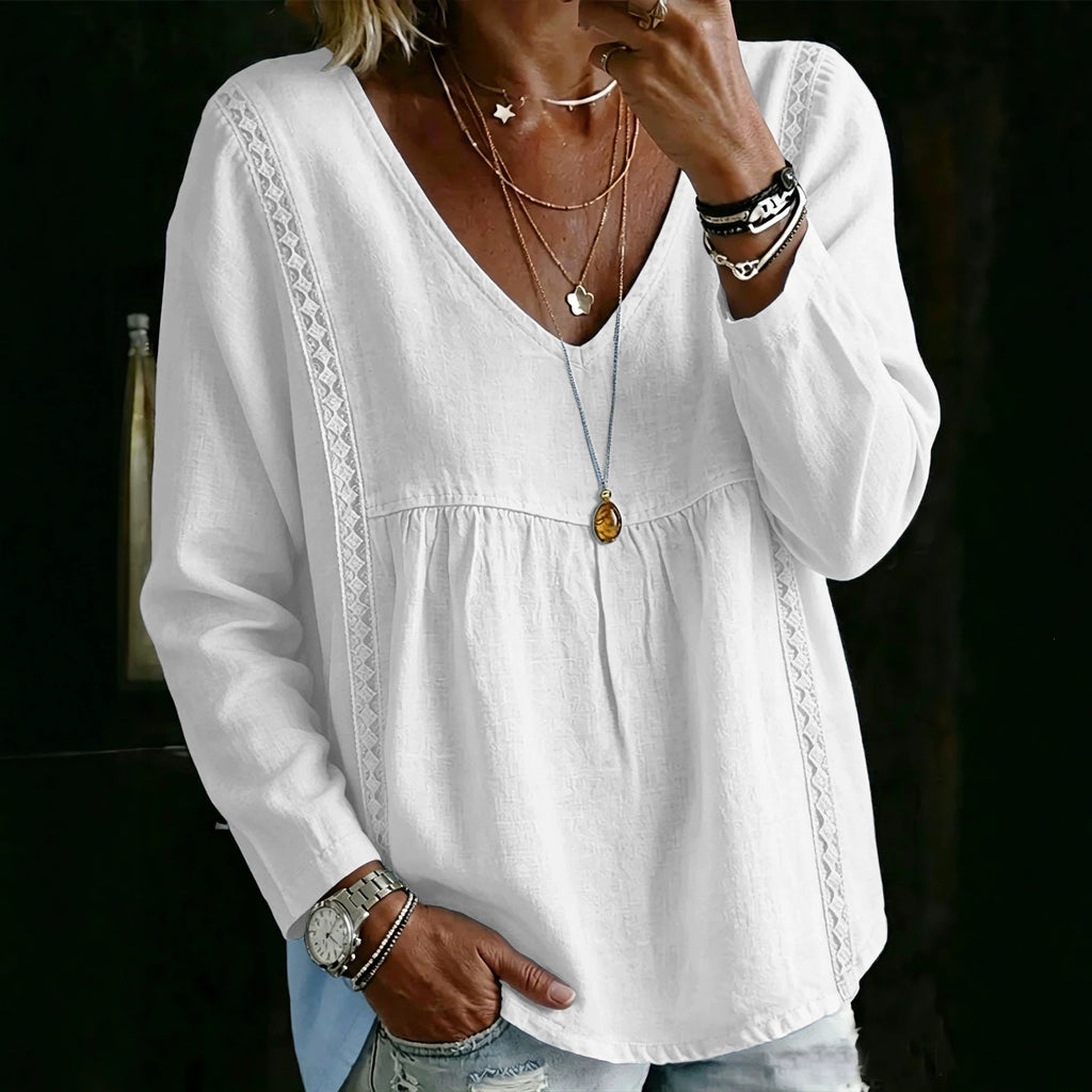 New Womens Lace-trimmed V-neck Pullover In Solid Color With Long Sleeves
