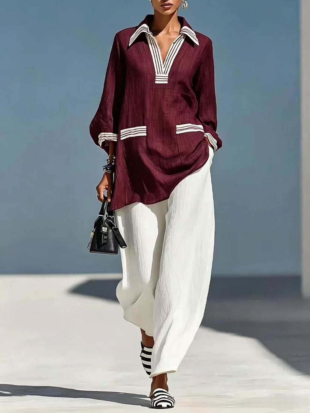 Cotton-linen Comfortable Casual Color-block Bell-sleeve Pol Shirt And V-neck Pants Two-piece Set