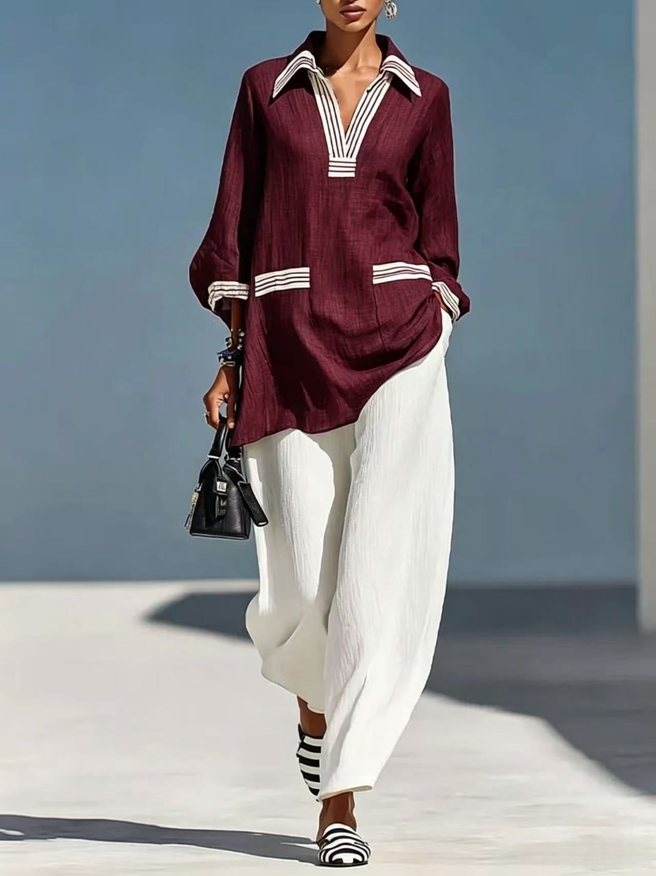 Cotton-linen Comfortable Casual Color-block Bell-sleeve Pol Shirt And V-neck Pants Two-piece Set