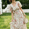 Elegant Printed Waist-Cinching Silk Dress For Women