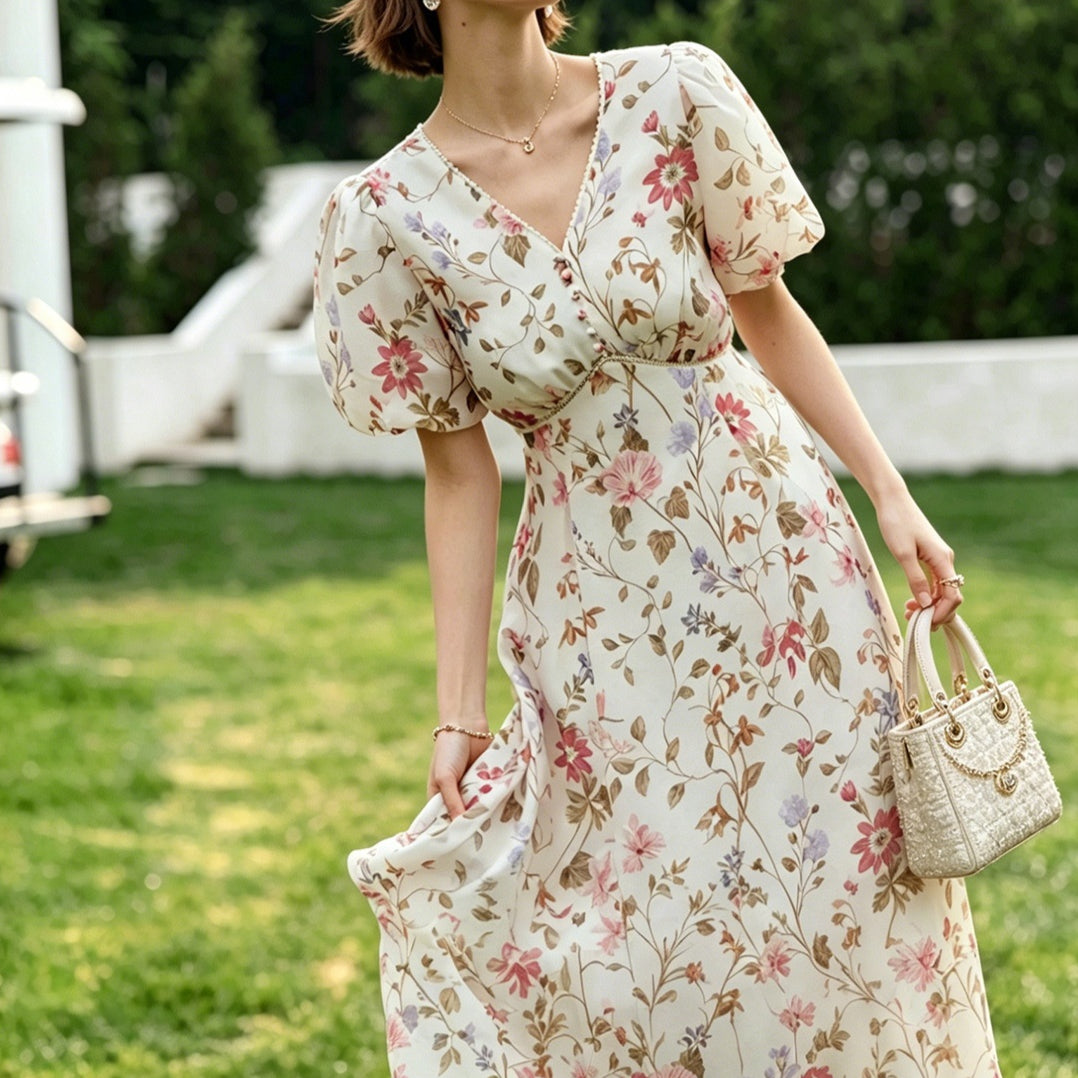 Elegant Printed Waist-Cinching Silk Dress For Women