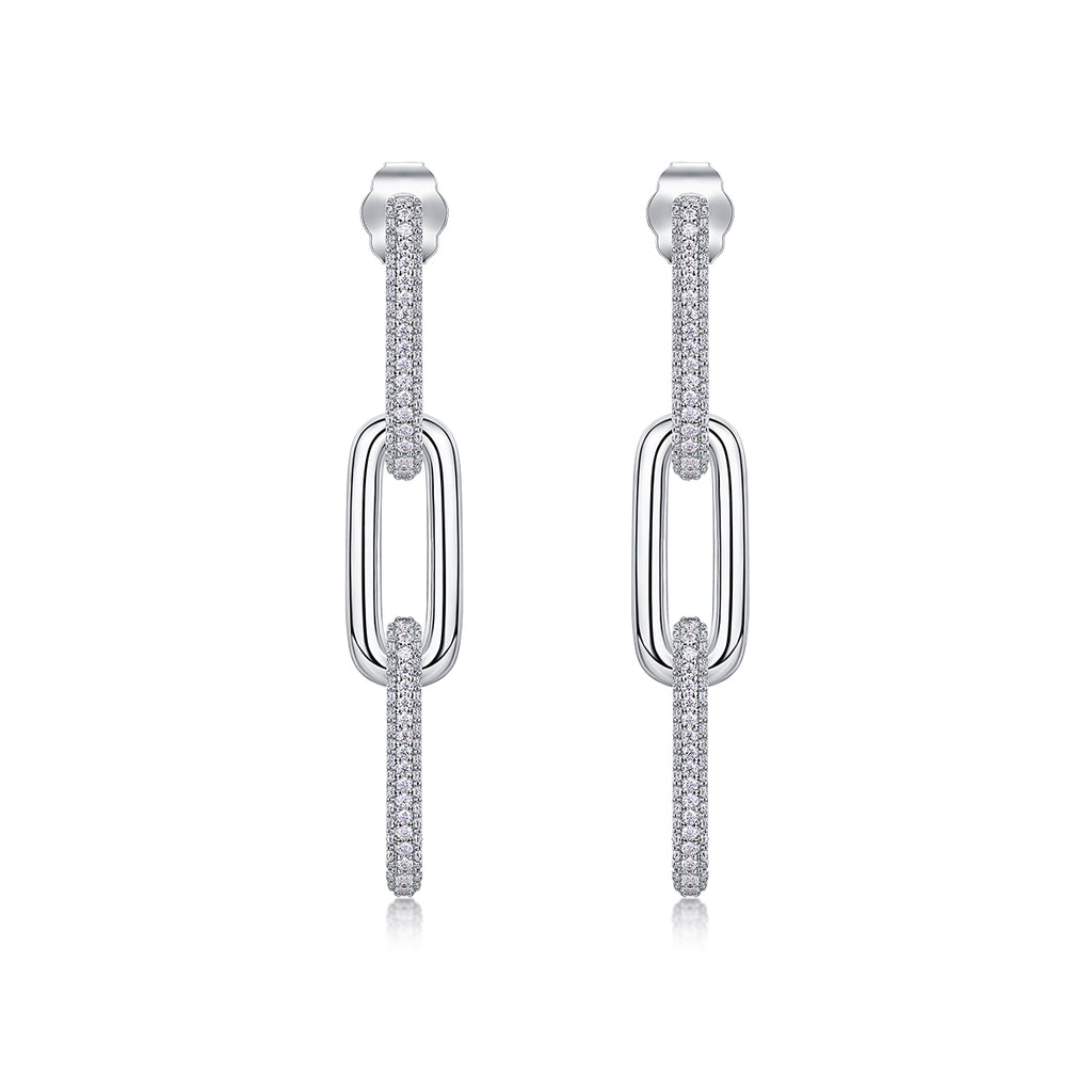 S925 Sterling Silver Chunky Chain Drop Earrings, D-VVS1 Moissanite Pave, Platinum Plated 9.2g Women's Jewelry Gift Box
