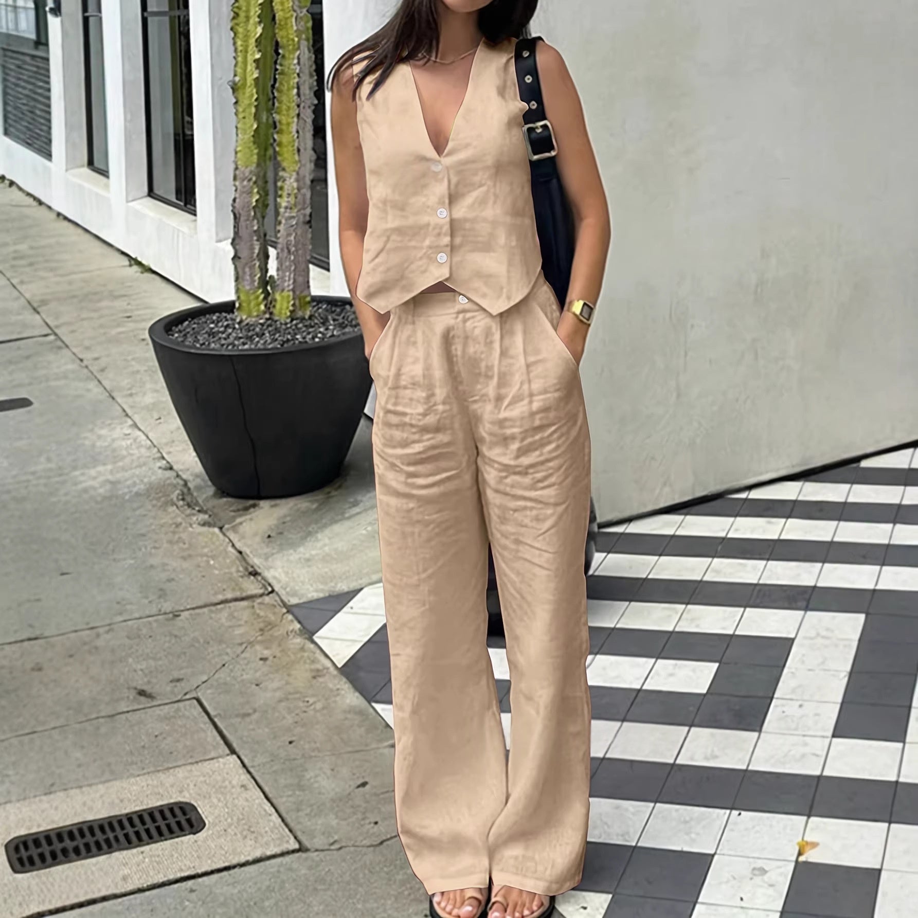 Fabric V-neck Vest High-waisted Wide-leg Pants Casual Two-piece Set