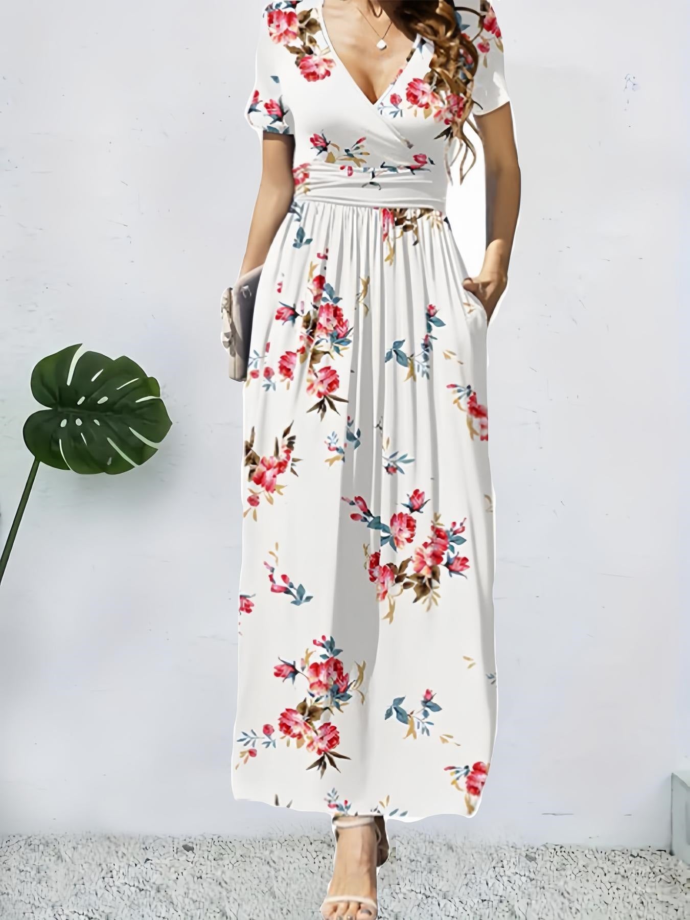 Printed V-neck Short Sleeve Dress