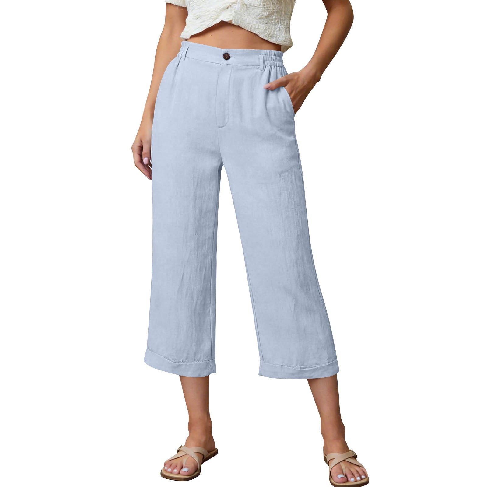 Pocketed Loose-fitting Breathable Summer Capri Pants For Home Wea