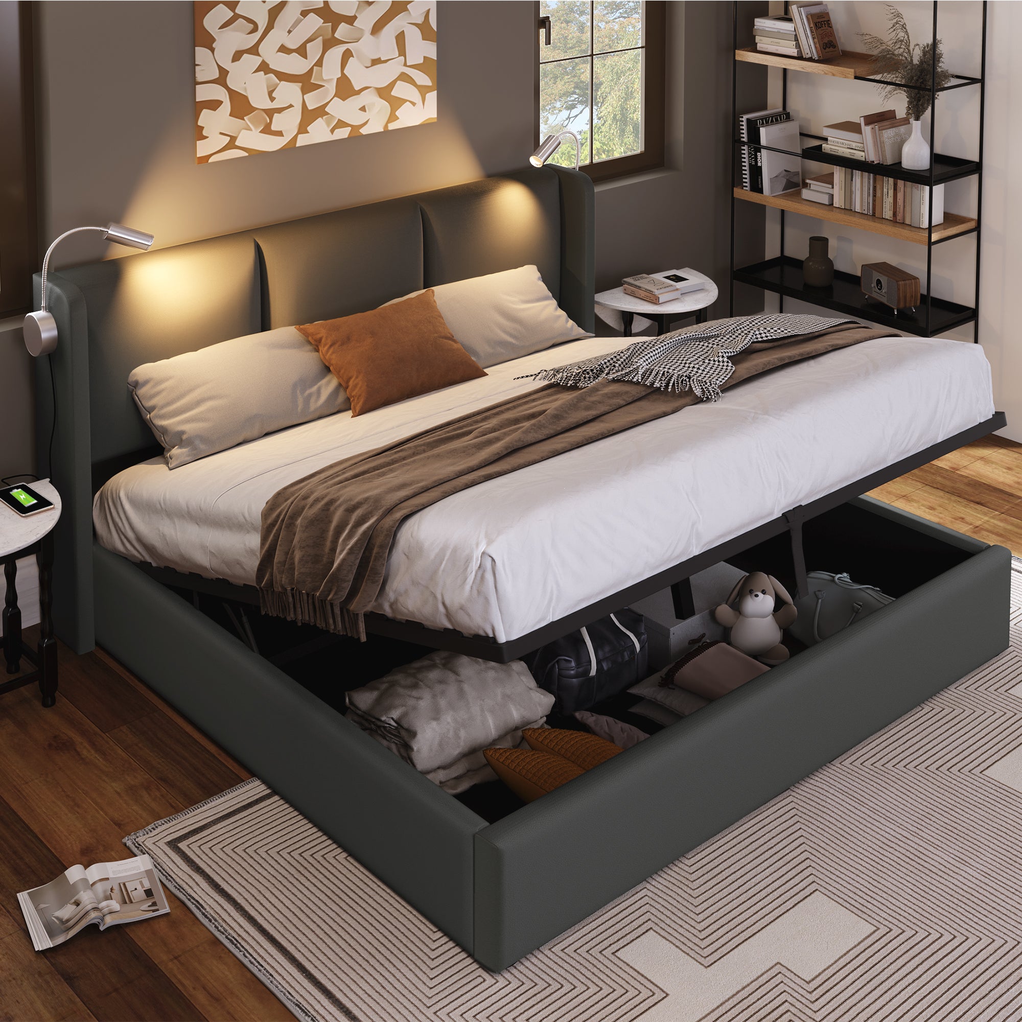 Upholstered Bed, Double Bed, Storage Box, Reading Light With Charging Function, Headboard, Storage Beds, Bed Frame, PU Youth Bed 160x200 With Slatted Base  Without Mattress