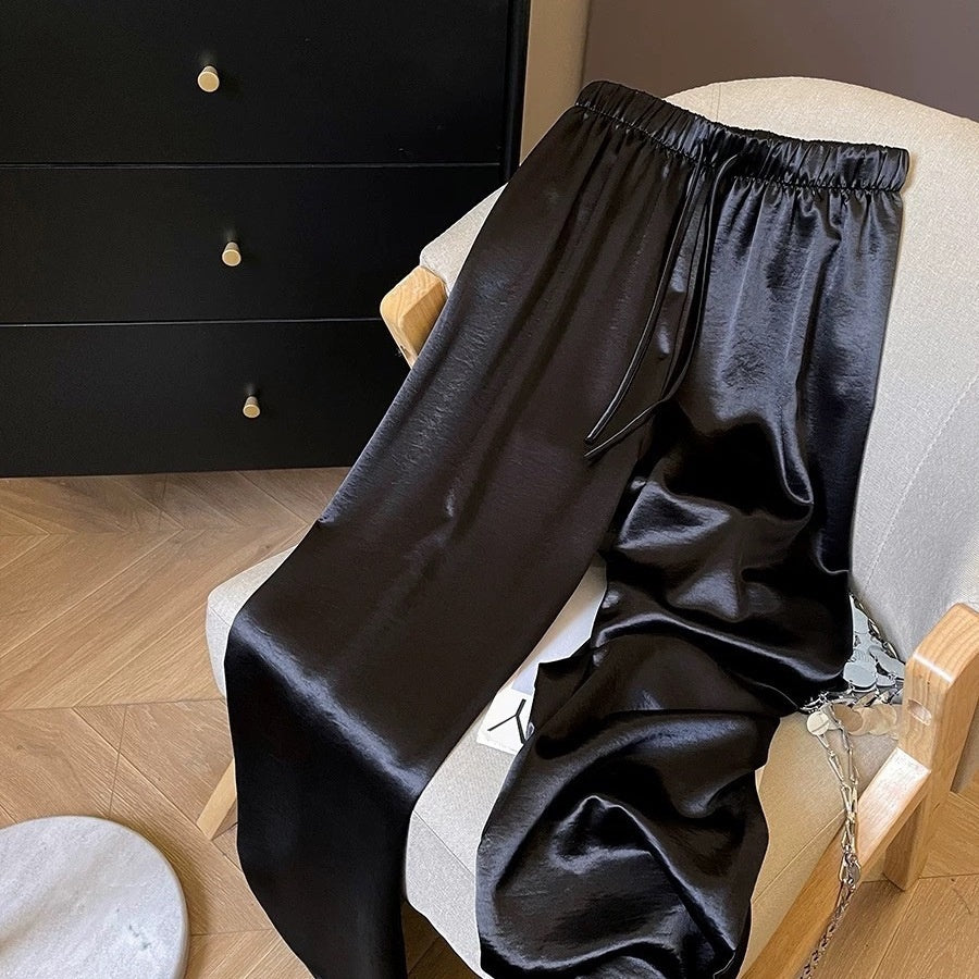 Summer-style Figure-flattering Versatile Acetate-satin Elastic High-waist Casual Pants