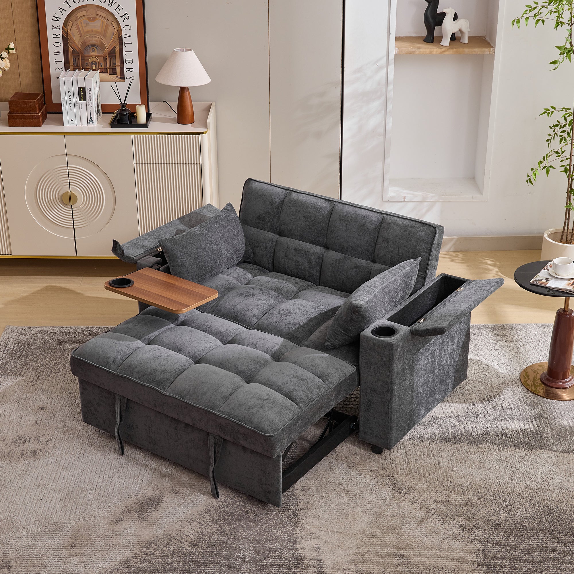 140.5x74x82cm Sofa Bed 3-in-1 Pull-Out Sofa, With Adjustable Backrest, USB Port, 2-Seater Sofa Lounge Sofa Daybed Foldable Pull-Out,Equipped With Hidden Table, Cup Holder, Grey