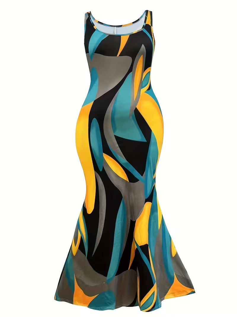 Plus Size Summer Women'S Stylish Color-Blocked Printed Sleeveless Dress With Round Neck And Pockets, Casual Plus-Size Dress For Women