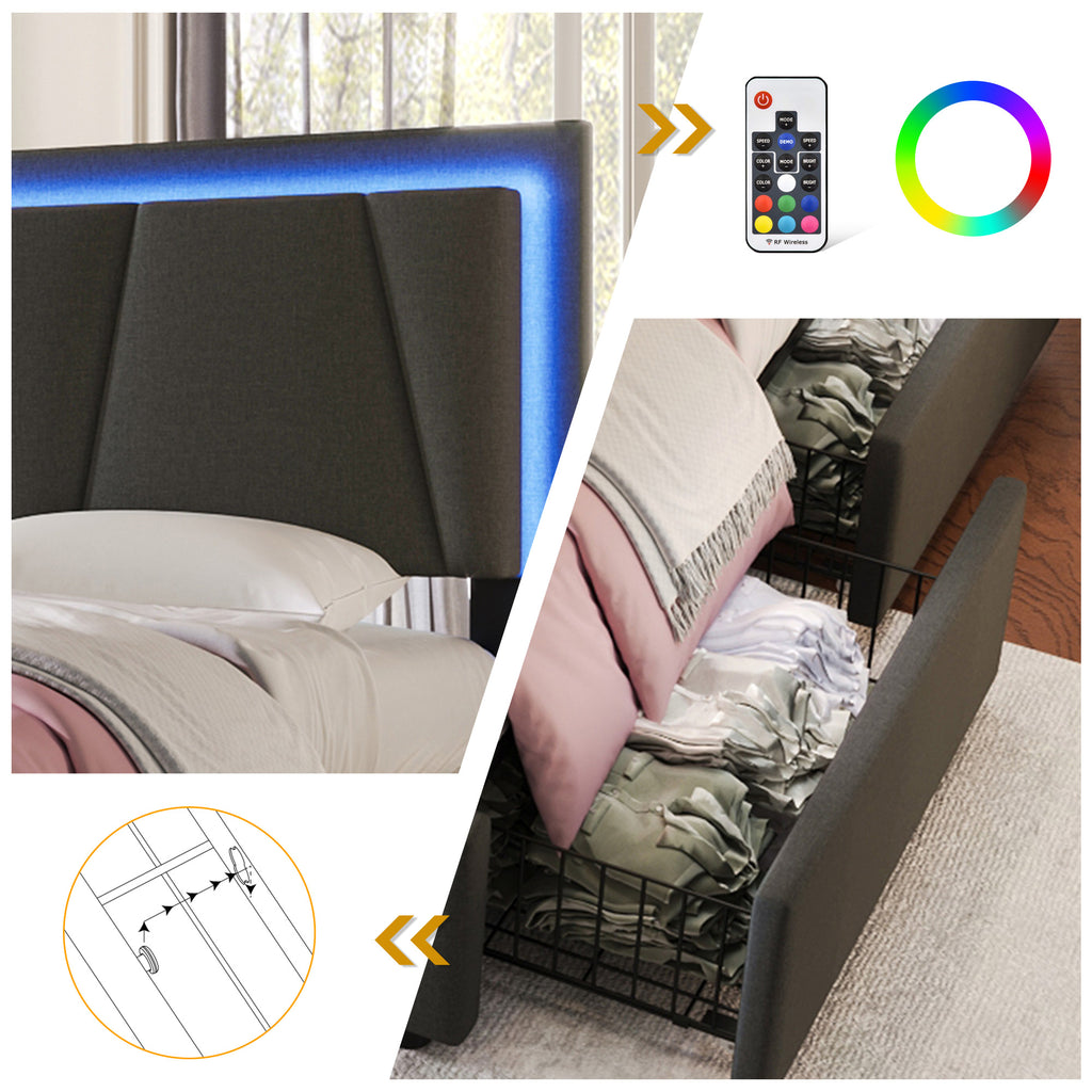808182AAG Upholstered Bed With LED Lighting And 4 Drawers,Height-adjustable Headboard,Double Bed 160x200cm Storage Beds Bed Frame, Wooden Slatted Base, Grey  Without Mattress