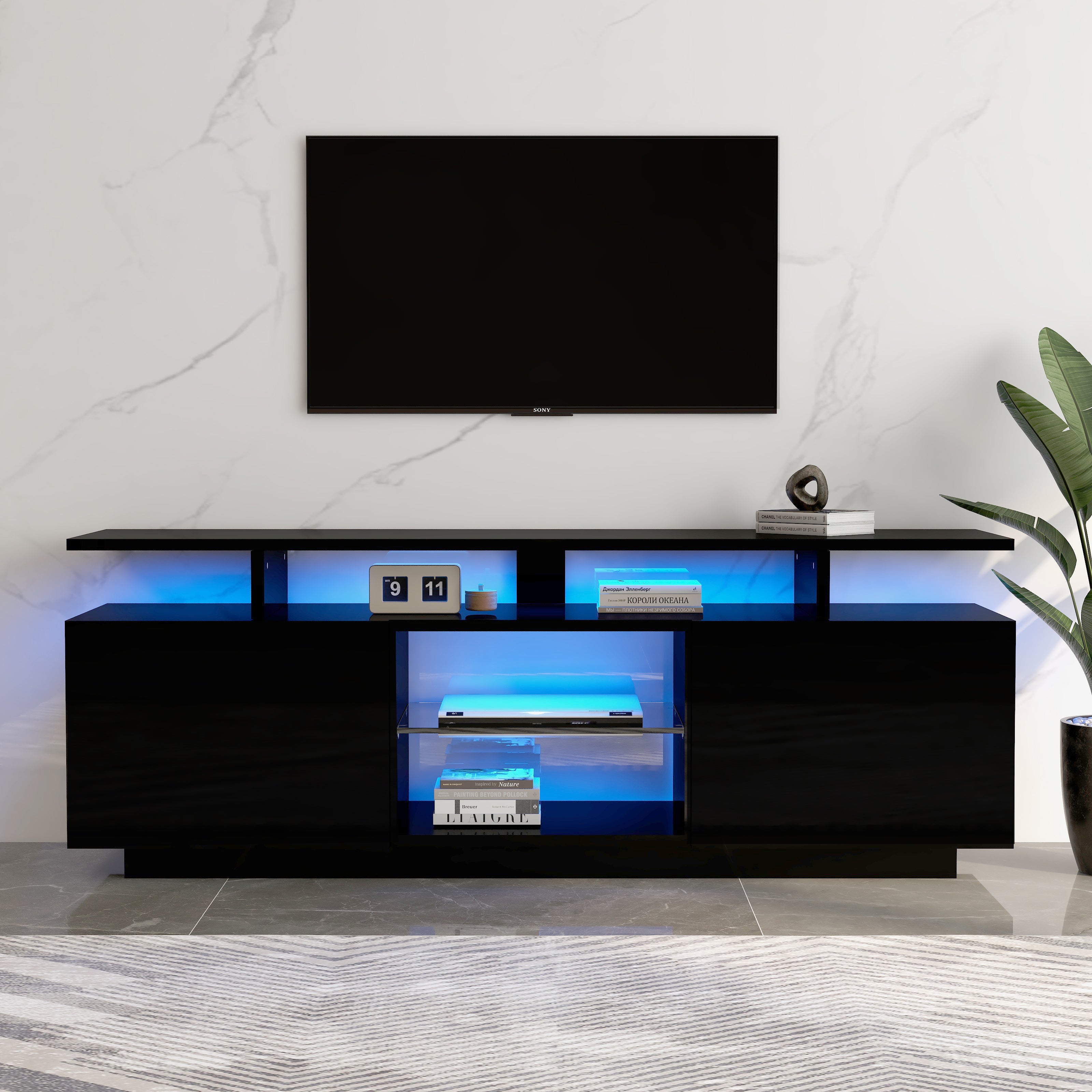 312074075AAB Black TV Cabinet With 16-Color LED Lighting, 1.4 M Length  Stylish -Storage Cabinet For 60-Inch TV, 16-Color Light Strip, High-Gloss Door Panel With Glass Compartment, TV Board