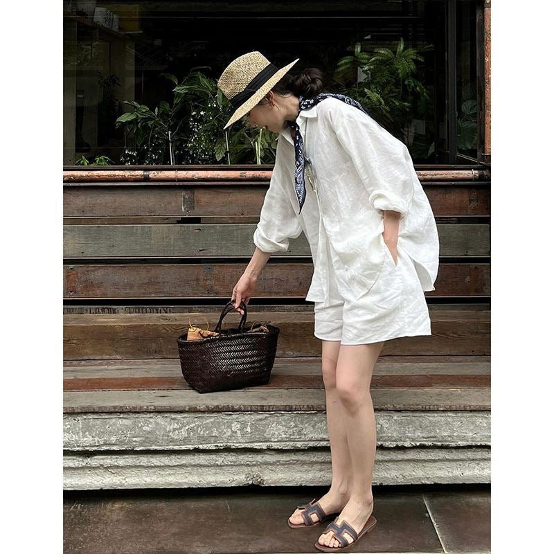 Loose-fitting, Minimalist Cotton-linen Top And Shorts Set