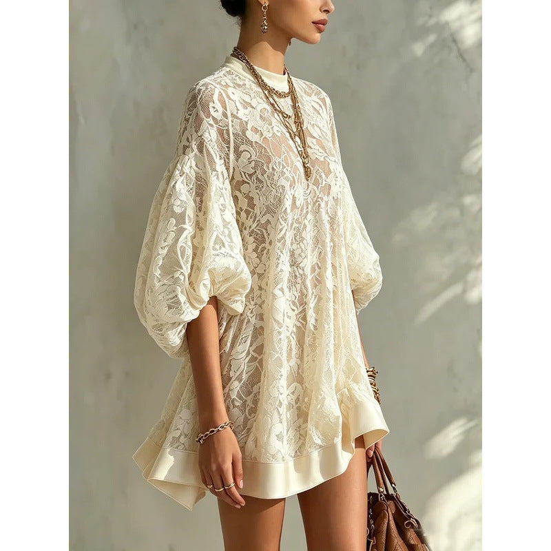 Womens Fashionable Casual Loose-fitting Lace Blouse