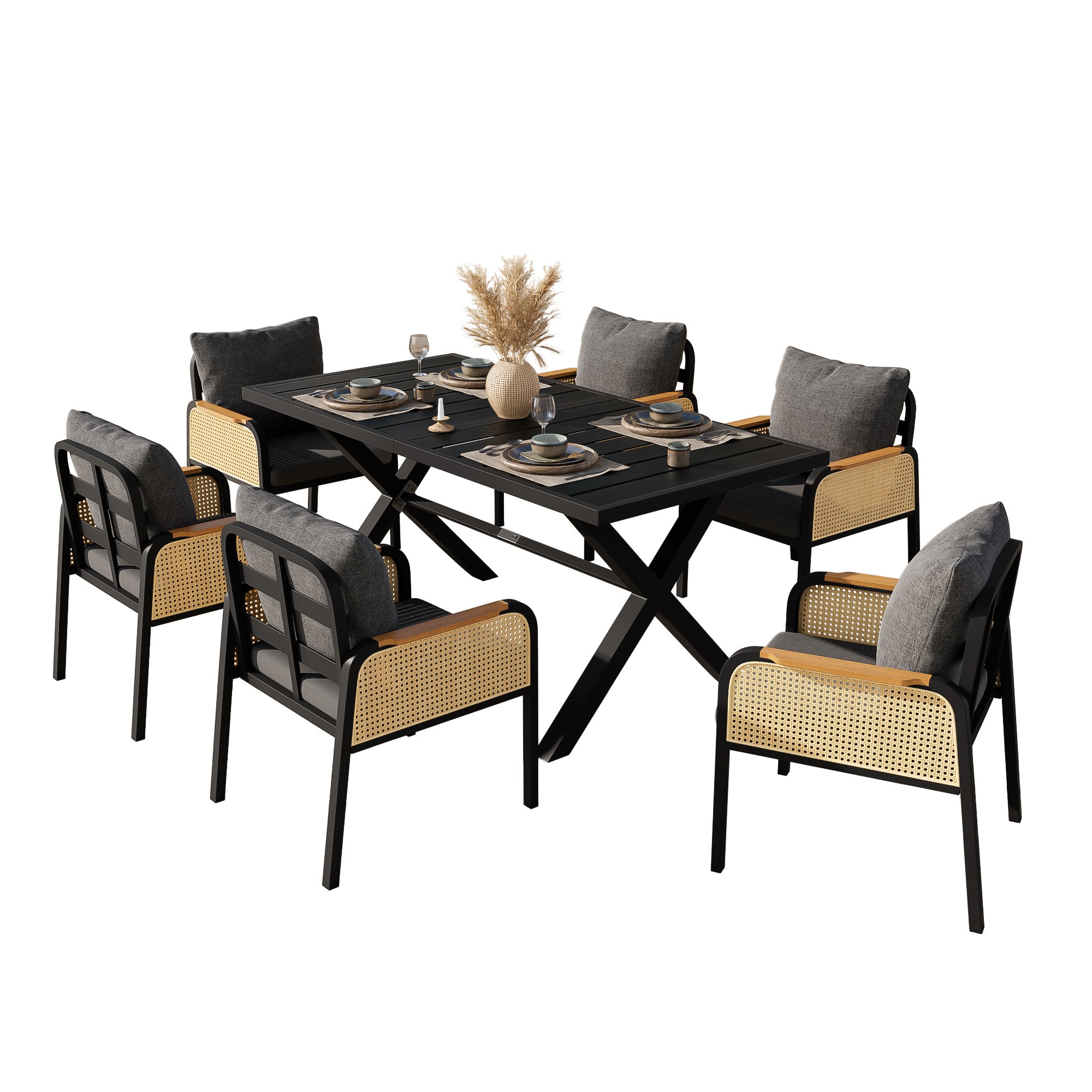 Modern Outdoor Sofa Set , Multi-Person Leisure And Meeting Set , Iron Frame , Braided Armrests , Seat Cushion Included