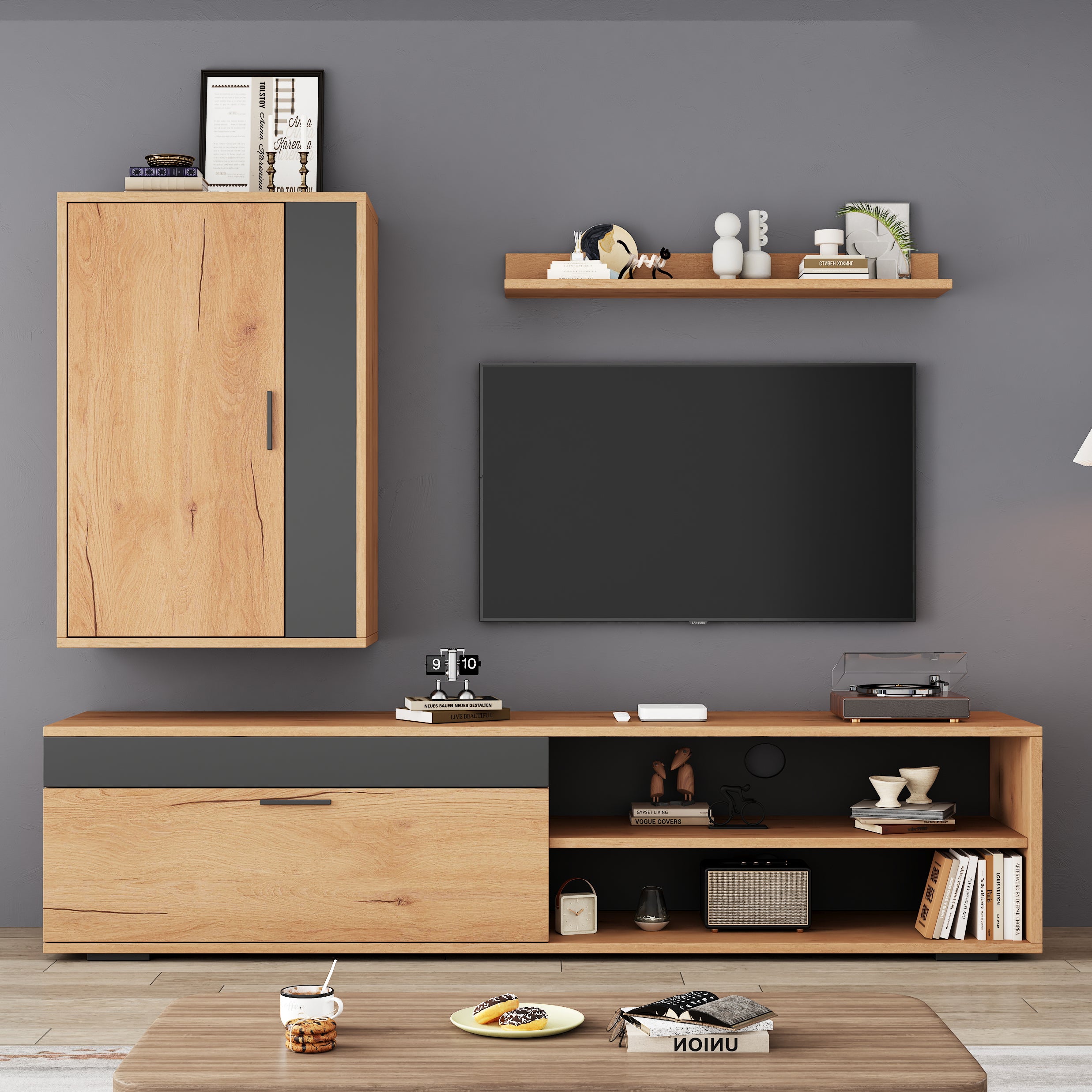 140x35x39cm TV Wall Unit Set Complete Set, 3 Pcs , Media Wall Incl. TV Board, Stand Shelf And Wall Shelf, TV Living Room Furniture Set, Modern TV Cabinet, Standing And Hanging, Wood Color Black