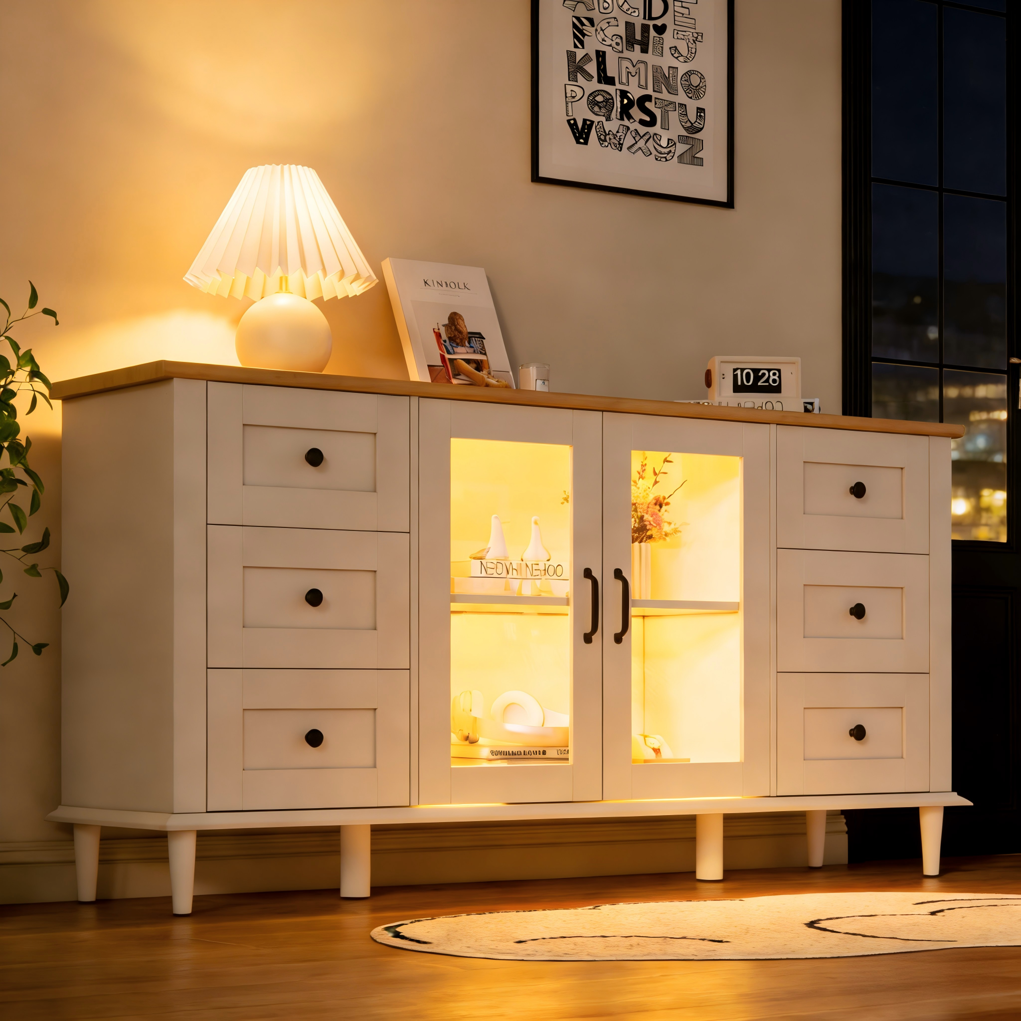 150X40X75cm Living Room Cabinet, Sideboards With 2 Acrylic Doors, 6 Drawer, LED Lights, Dining Room Cabinet, Wide Lockers, Versatile Sofa Side Cabinet, White-Wood Tone