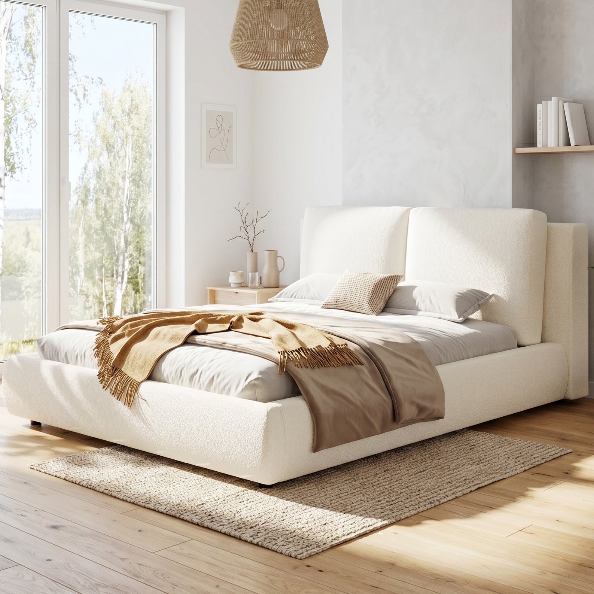 Upholstered Bed, Double Bed, 160x200cm, Hydraulic Functional Bed, Bed With Slatted Base, Headboard And Large Storage Space, Upholstered Headboard, Beige Boucle