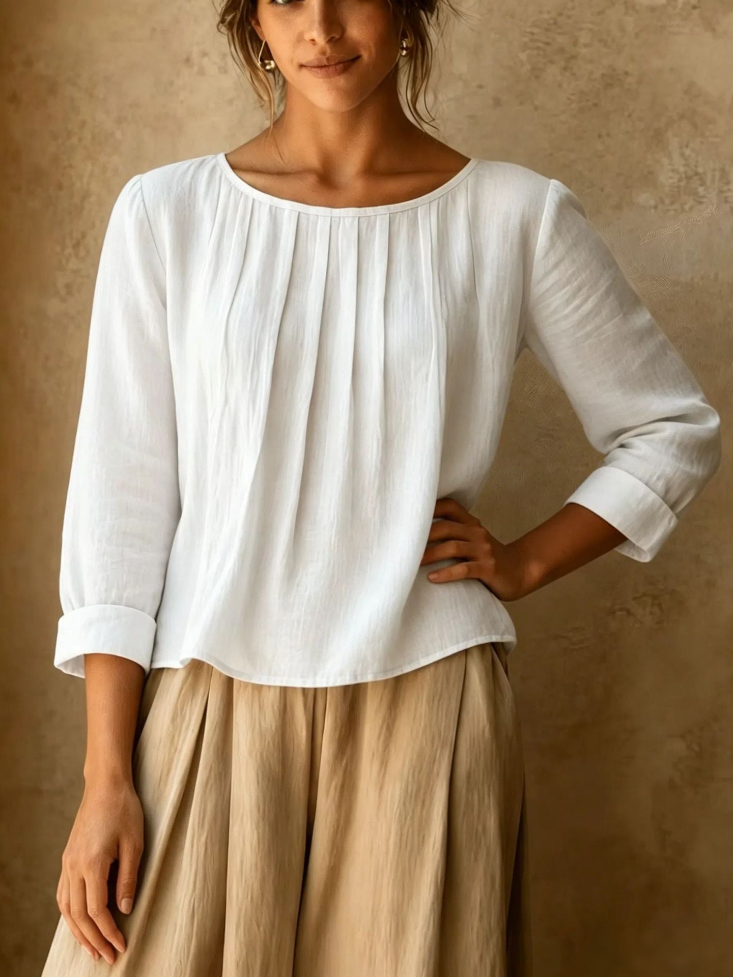 Womens Cotton-linen Top Loose-fit Round-neck Shirt