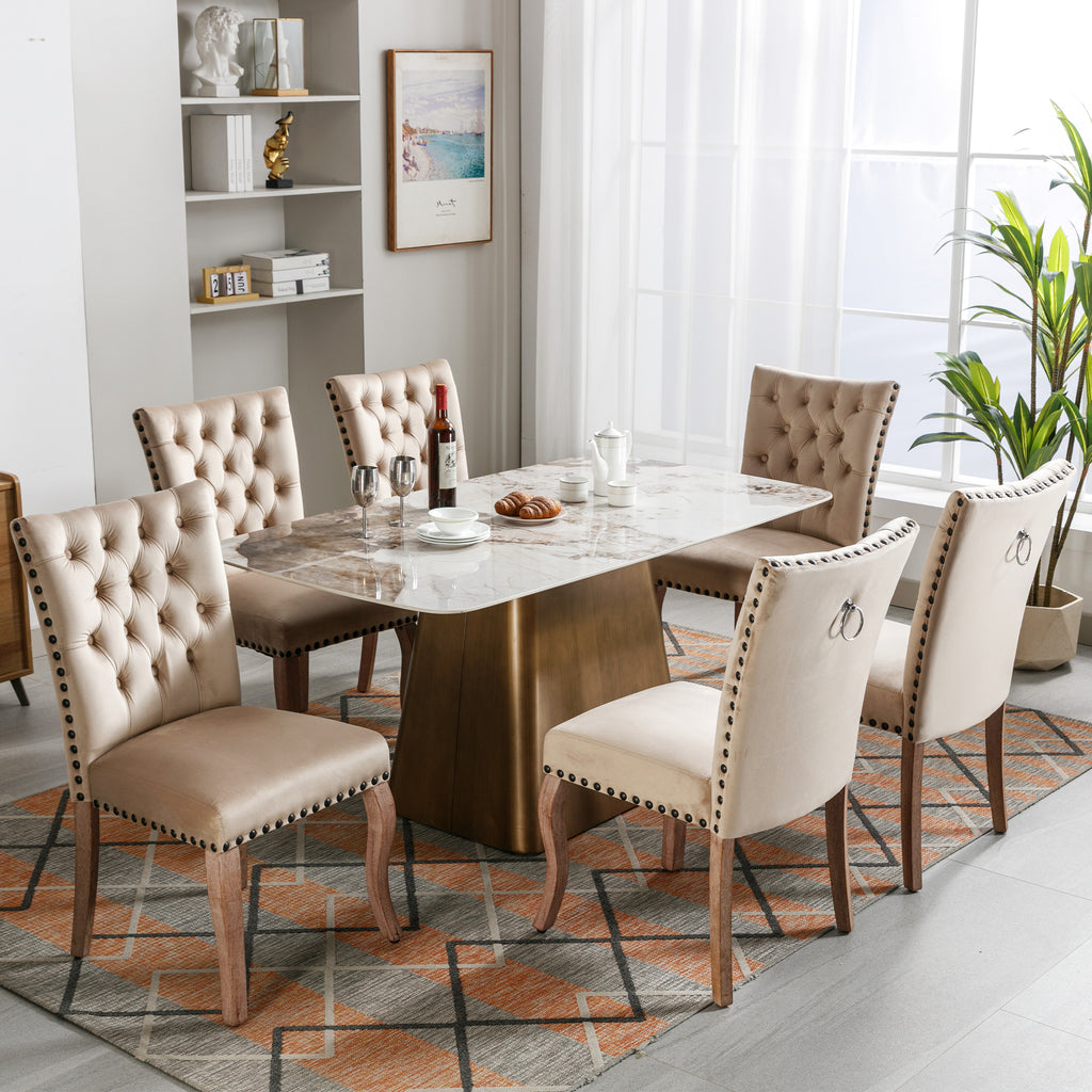 Dining Chair Kitchen Chair Living Room Chair With Unique Door Clamp On The Back, 6 Pieces, Upholstered Chair With Nail Head Occupation, Legs Made Of Solid Wood, Velvet Cover, Light C Amel