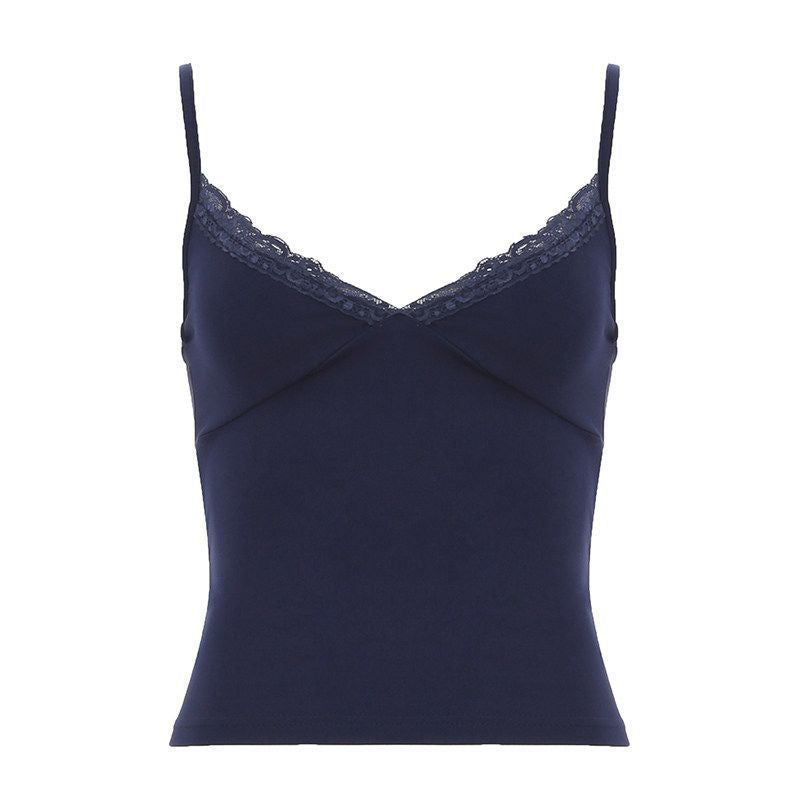 Simple Lace-trimmed V-neck Strap Solid-color Outerwear Short Top For Women