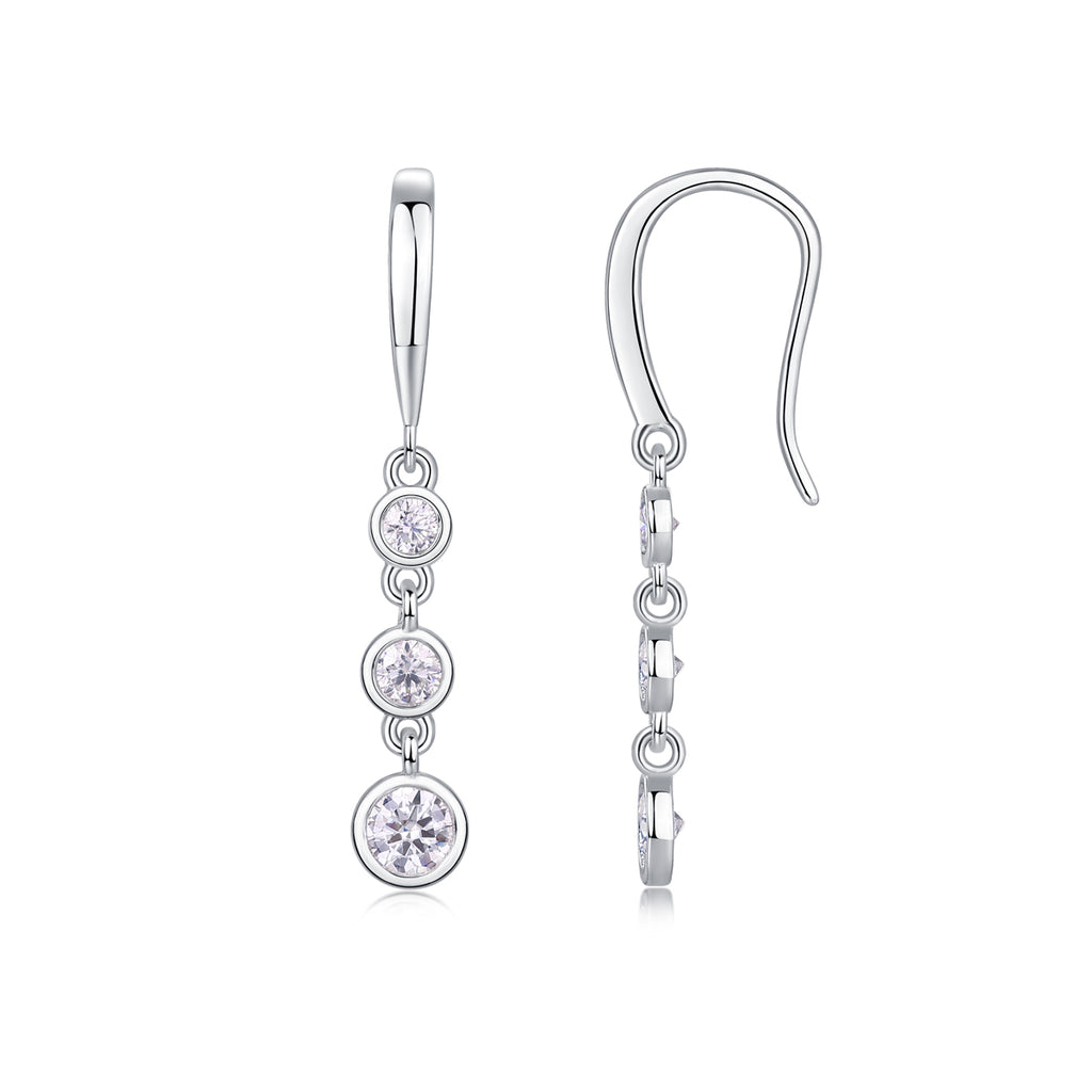 S925 Sterling Silver Three-Stone Drop Earrings, D-VVS1 Moissanite Bezel-Set Dangle, Platinum Plated 1.8g Women's Jewelry Gift Box