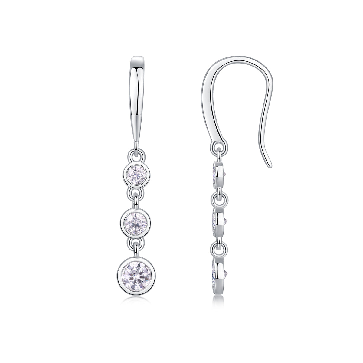 S925 Sterling Silver Three-Stone Drop Earrings, D-VVS1 Moissanite Bezel-Set Dangle, Platinum Plated 1.8g Women's Jewelry Gift Box