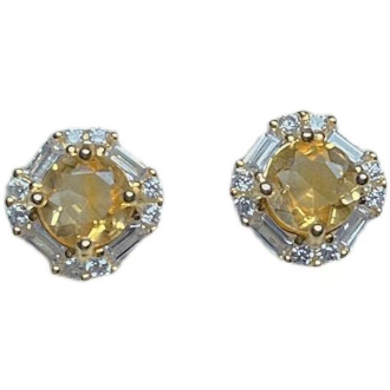 High Grade Inlaid Citrine Copper Silver Plated Stud Earrings, Fashion Light Luxury Premium Earrings For Wealth & Good Fortune