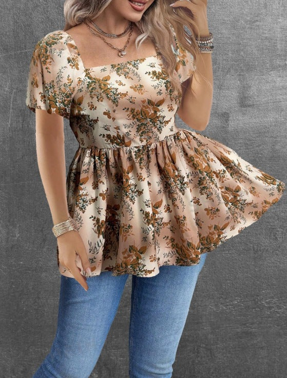 Womens Casual Short Square-neck Floral Top