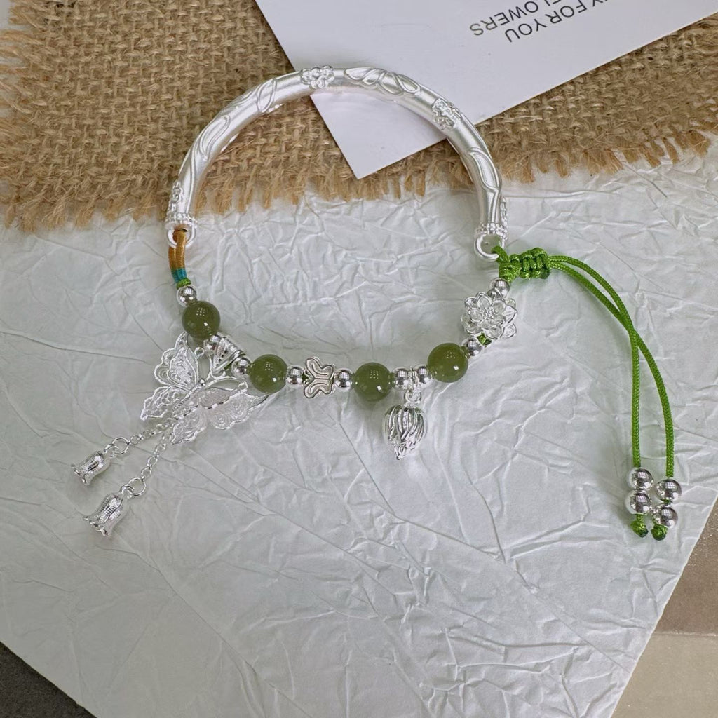 1pcs 999 Sterling Silver Half Bangle Butterfly Tassel Hetian Jade Bead Braided Bracelet, Elegant Chinese Style, For Women Hanfu Daily Wear & Anniversary Birthday Gift