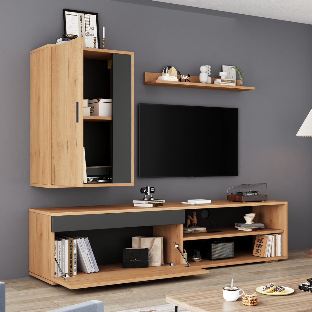 140x35x39cm TV Wall Unit Set Complete Set, 3 Pcs , Media Wall Incl. TV Board, Stand Shelf And Wall Shelf, TV Living Room Furniture Set, Modern TV Cabinet, Standing And Hanging, Wood Color Black
