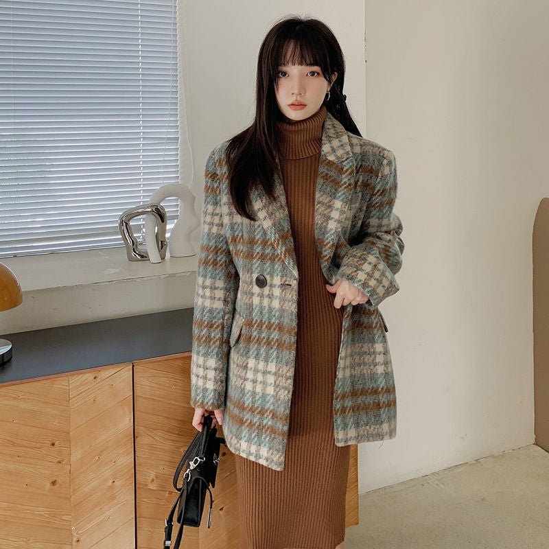 Women's New High-end Woolen Coat Thickened Plaid