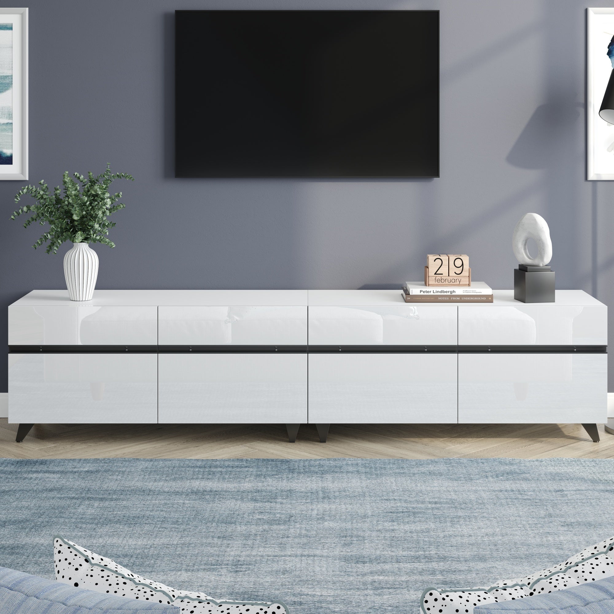 180X40X49cm TV Cabinet,High Gloss TV Cabinet, Lowboard With 4 Cabinets And Adjustable Dividers,Living Room Cabinet With 8 Table Legs, Recommended Load Capacity 52kg,Suitable For 80 Inch TV