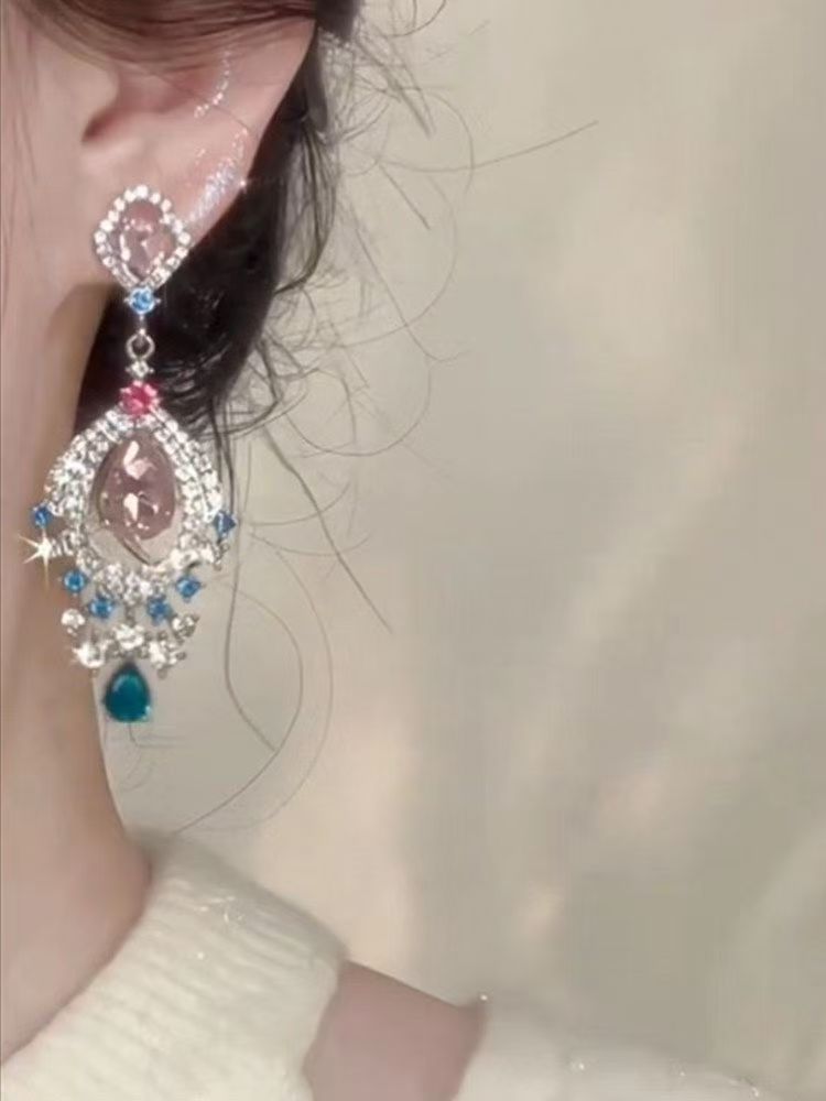 Heavy Craft Rhinestone Inlaid Teardrop Zircon Earrings, Vintage Light Luxury Style Women's Ear Jewelry