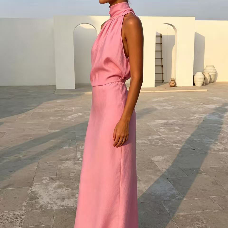 SpringSummer Halterneck Sleeveless Top With Flowing Straps And High-Waisted Fishtail Midi Skirt Set