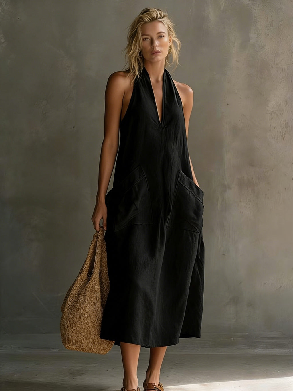 Summer Halter V-Neck Backless Maxi Dress With Large Pockets - Cotton Linen Loose Vacation Dress, Multiple Colors Available For Women