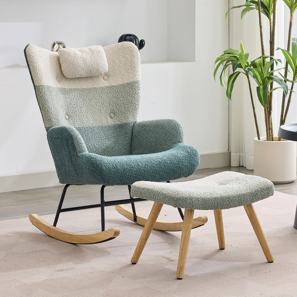 Boucle Rocking Chair, Rocking Chair In Colorful Patchwork Stripe Look, Armchair Legs Made Of Rubber Wood, Frame Made Of Injected Iron, Living Room Armchair, Bedroom Armchair With Footstool