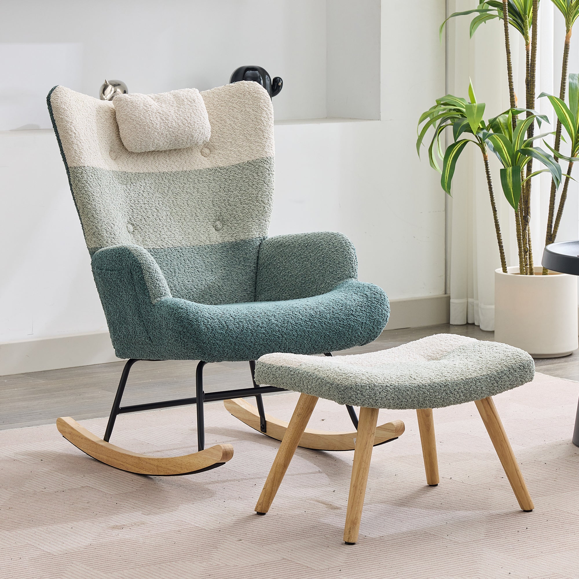 Boucle Rocking Chair, Rocking Chair In Colorful Patchwork Stripe Look, Armchair Legs Made Of Rubber Wood, Frame Made Of Injected Iron, Living Room Armchair, Bedroom Armchair With Footstool