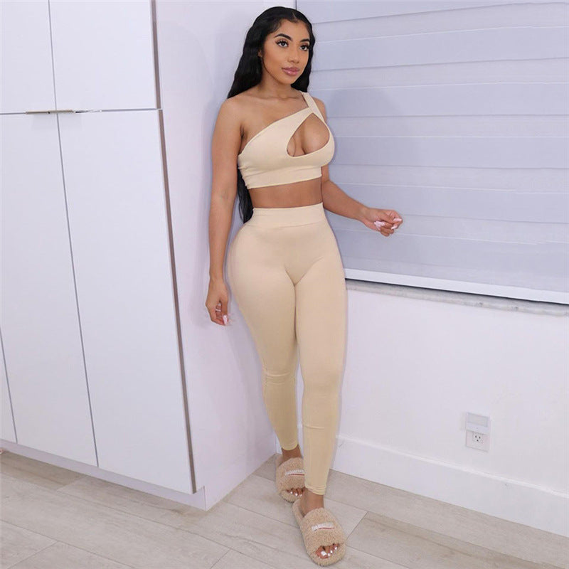 Sloping Shoulder Bodysuit High Waist Track Pants Set