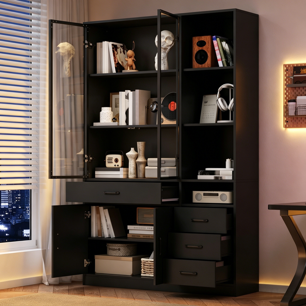 Tall Cabinet With Glass Cabinet & LED, 120x35x200cm Bookcase With 13 Storage Areas, 4 Drawers & Doors Showcases, Storage Cabinets, Cabinets, Suitable For Dining Room And Living Room, Black
